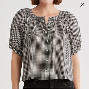 Gingham Button-Front Peasant Blouse - Black/White
